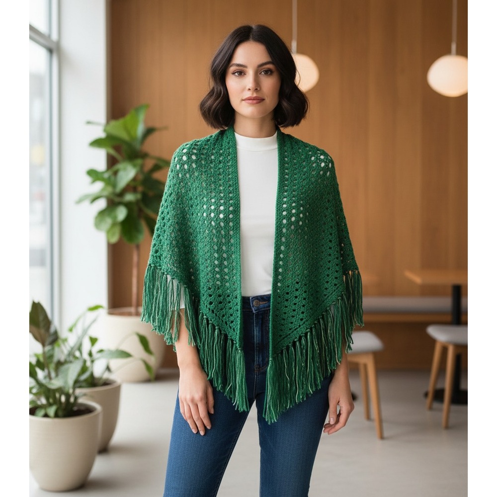 NEW Green Hand Knitted Shawl Wrap Scarf Boho Hippie Artsy‎ Indie Eyelet Earthy